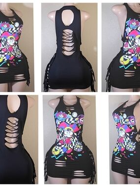 Black Graphic  Custom Ripped Fringe   Tank Top